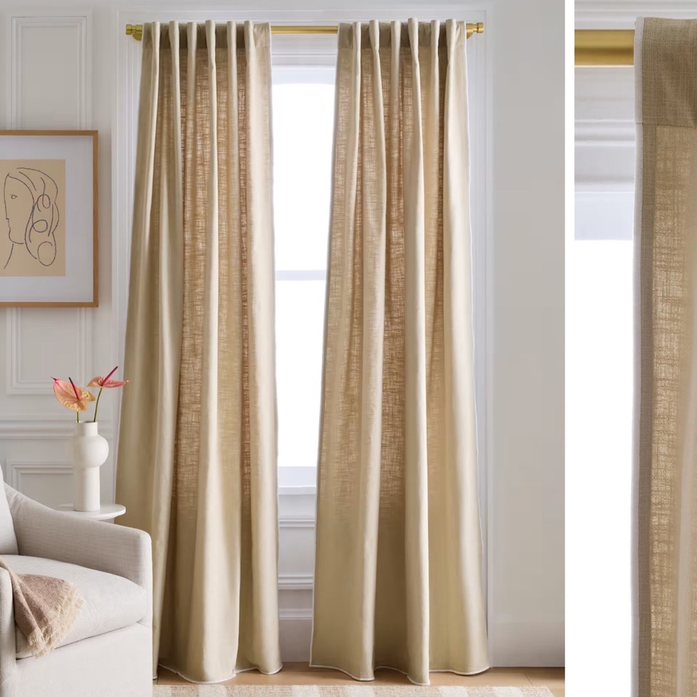 NWT QUINCE 48x84 Piped Edge Cotton Curtain Natural/White 2406